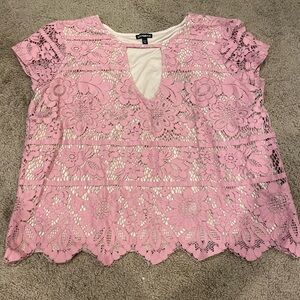 Express Pink Lace Overlay Short Sleeve Blouse
